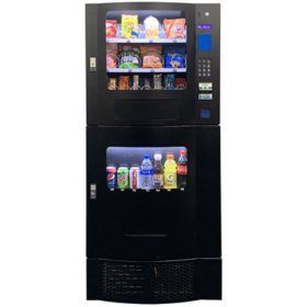 Black vending machine, snacks in top section, drinks in bottom.