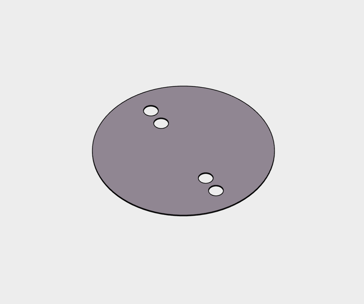 A flat, grey, circular metal plate featuring two pairs of small, evenly spaced holes arranged along the center axis.