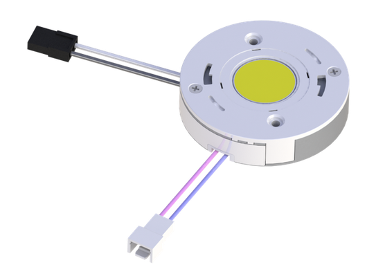 Round white LED light module with yellow center and attached cables