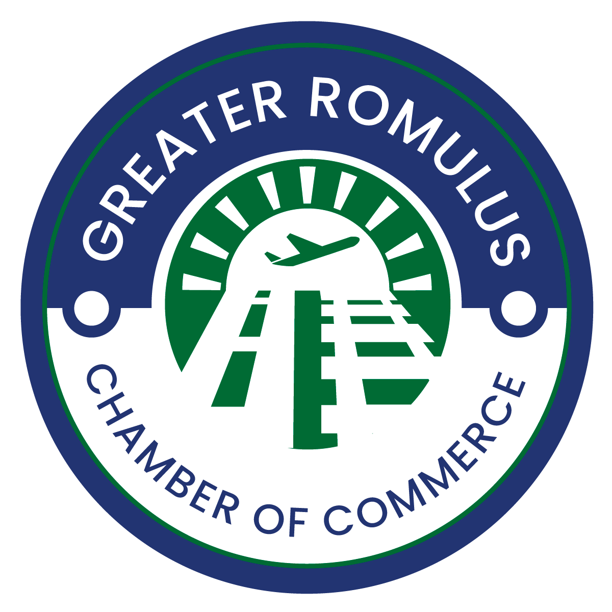 Logo for the Greater Romulus Chamber of Commerce. A blue and green circular design shows an airplane over a runway.