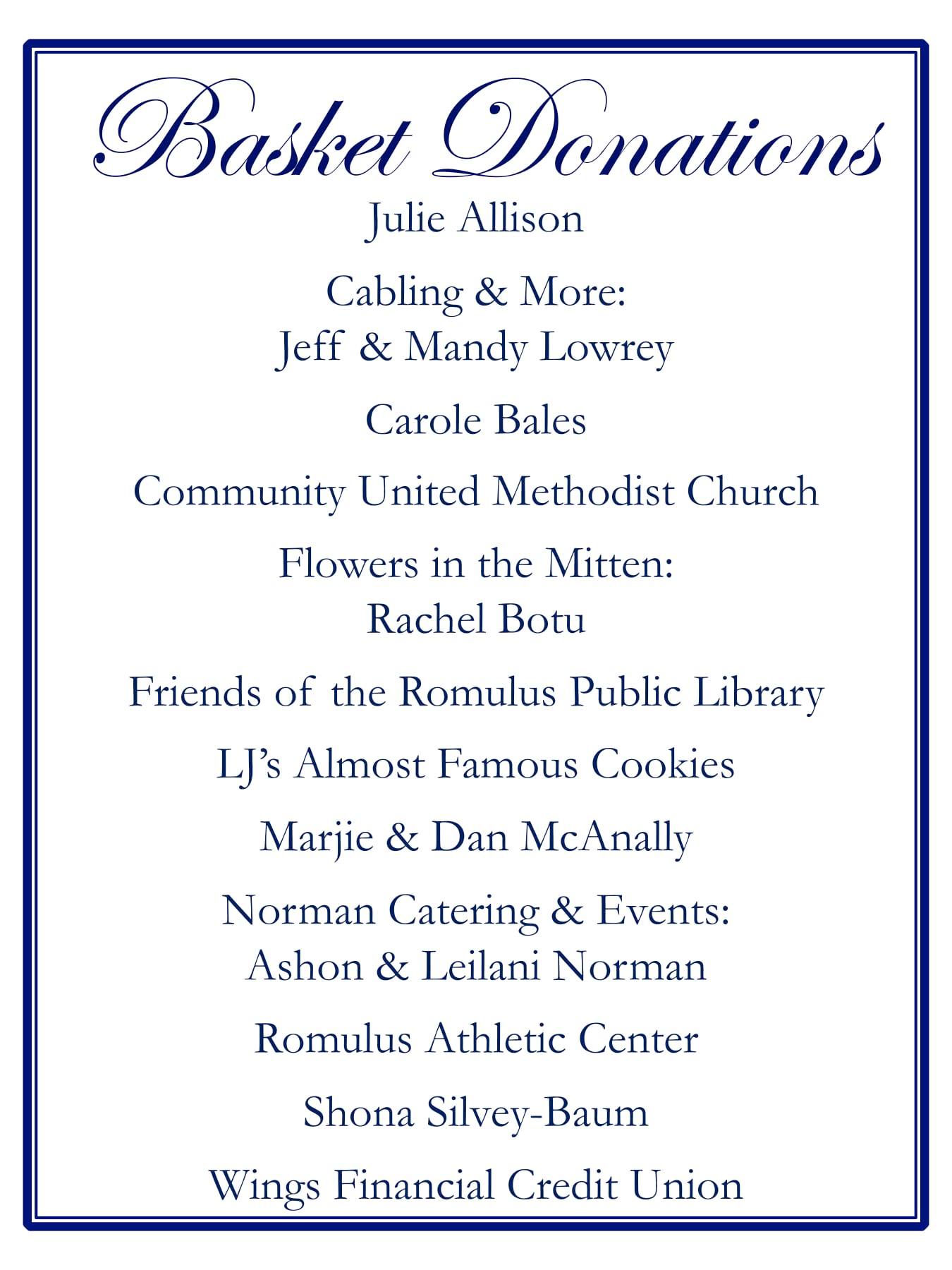 List of names of people and businesses who donated to a basket auction, including 