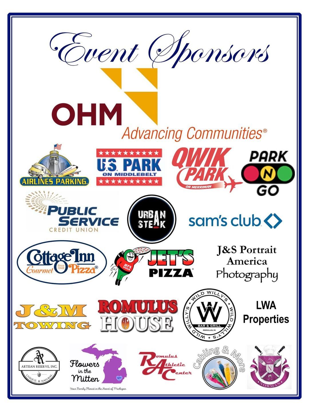 List of event sponsors, including OHM, US Park, Qwik Park, Public Service, Urban Steak, Sam's Club, and others.