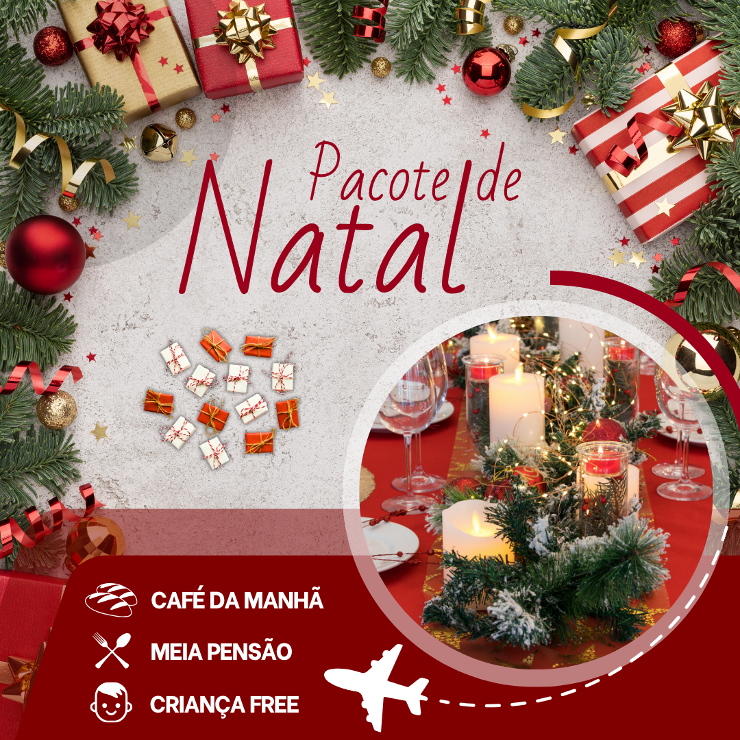Folheto promocional de um resort de praia durante a Semana Santa, apresentando espreguiçadeiras, piscina e ícones de café da manhã.