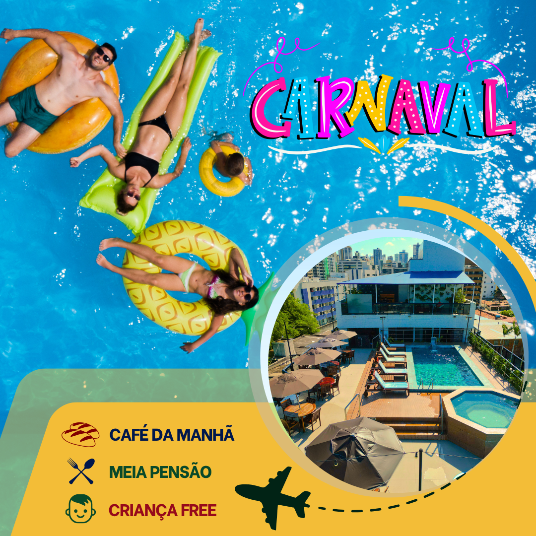 Anúncio do Dia do Trabalhador com vista para a praia, foto da piscina de um resort e ícones de café da manhã, meia pensão e estadia gratuita para crianças.