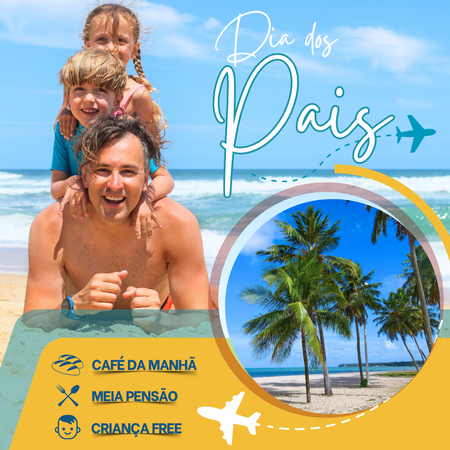 Anúncio promocional de viagem para a Semana Santa com um cenário de praia, piscina de resort e ícones para café da manhã, meia pensão e crianças.