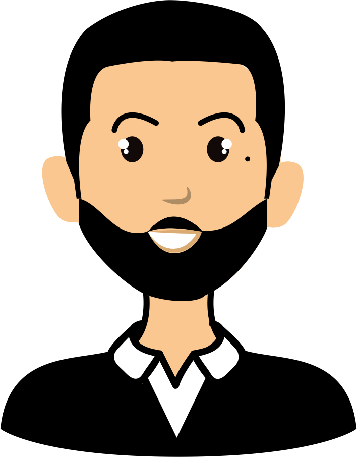 Uma pessoa com cabelo preto curto e barba, vestindo uma camisa preta de colarinho, vista da altura do peito para cima contra um fundo branco.