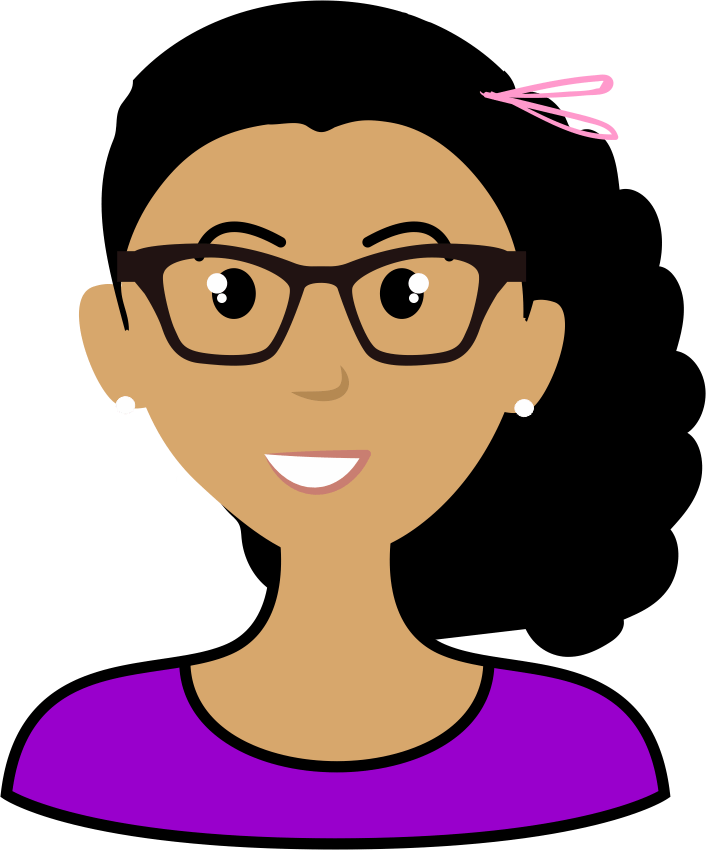 Uma pessoa com cabelo escuro preso por uma presilha rosa, usando óculos de aro preto e uma camisa roxa, sorrindo.