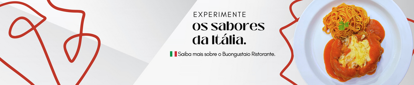 Uma faixa promocional mostrando um prato de pasta e parmegiana de frango em uma placa branca com o texto 