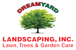 Logo for Dreamyard Landscaping: a tree with red, green text.