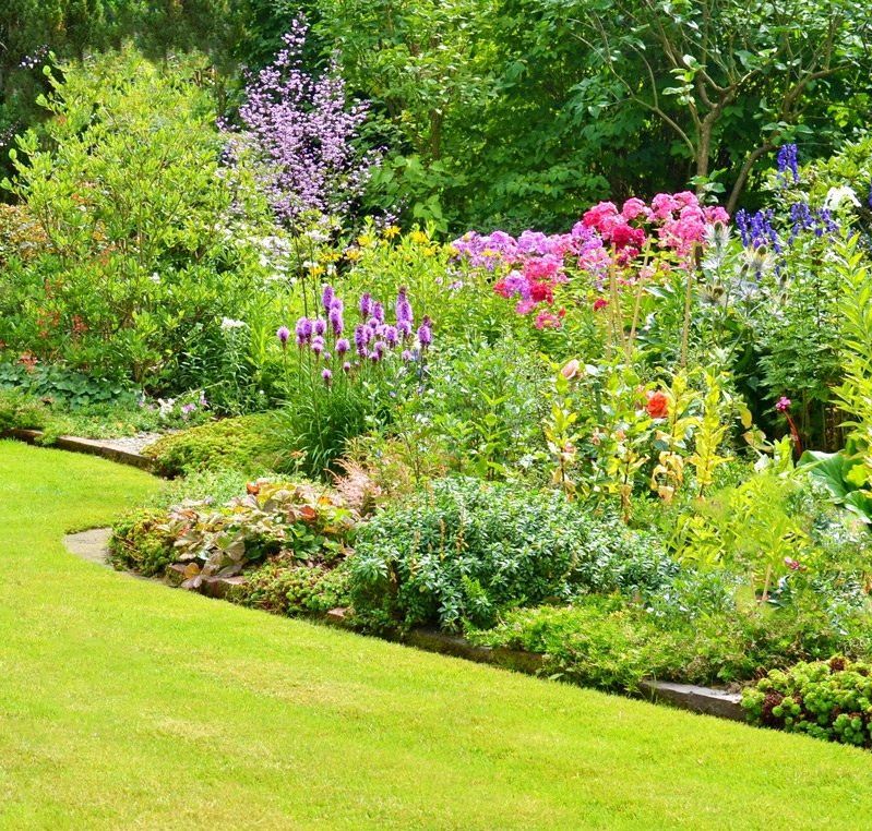 Dreamyard Landscaping, Inc. | Transplanting - Southampton, NY Lush garden with vibrant flowers, greenery, and a neatly trimmed lawn.