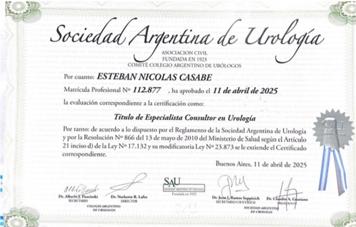 Certificado de la Sociedad Argentina de Urología con borde ornamentado y sello de cinta azul a la derecha.