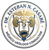 Logo for Dr. Esteban N. Casabe, medíco urólogo consultor, with kidneys and caduceus in gold and blue.