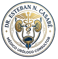 Logo for Dr. Esteban N. Casabe, medíco urólogo consultor, with kidneys and caduceus in gold and blue.
