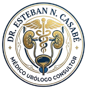 Logo for Dr. Esteban N. Casabe, medíco urólogo consultor, with kidneys and caduceus in gold and blue.