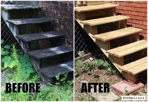 A split-screen comparison of a dark, weathered wooden staircase before and after it was restored to a clean, light wood.
