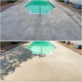 A before-and-after comparison of a pool deck being pressure washed, showing a stained gray area cleaned to a bright beige.