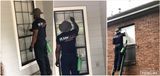 Three photos showing a professional cleaner in a dark uniform washing residential windows with a squeegee.