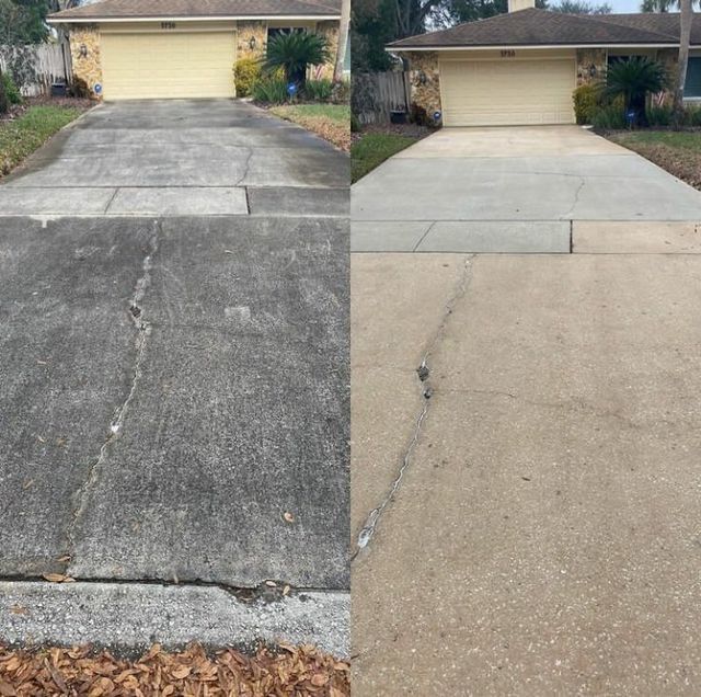A split-screen comparison of a residential driveway before and after professional pressure washing.