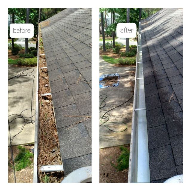 A split-screen comparison showing a rain gutter full of debris on the left and cleaned out on the right.