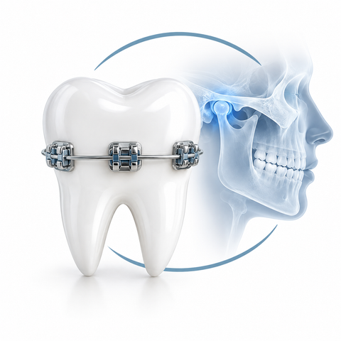 Paziente sorridente con mascherina ortodontica trasparente