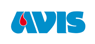 Logo AVIS in blu con un dettaglio a forma di lacrima rossa