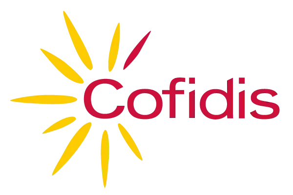 Logo Cofidis con testo rosso e raggi di sole gialli