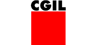 Logo CGIL con testo nero sopra un quadrato rosso su sfondo bianco.