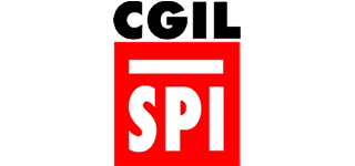 Logo CGIL SPI in bianco e nero con sfondo a quadrati rossi.