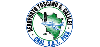 Logo dell'Aeroporto Toscano, emblema circolare blu e bianco con paesaggio verde e aereo sopra Pisa.