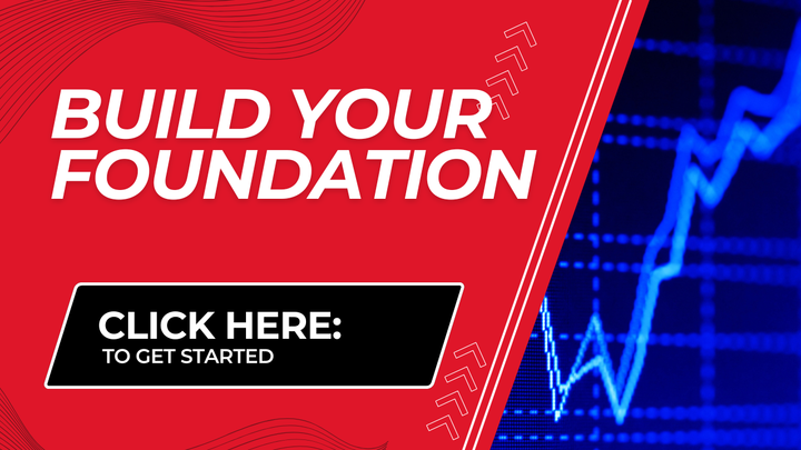 Red ad with white text “Build Your Foundation” and black “Click Here: To Get Started” button over blue chart.