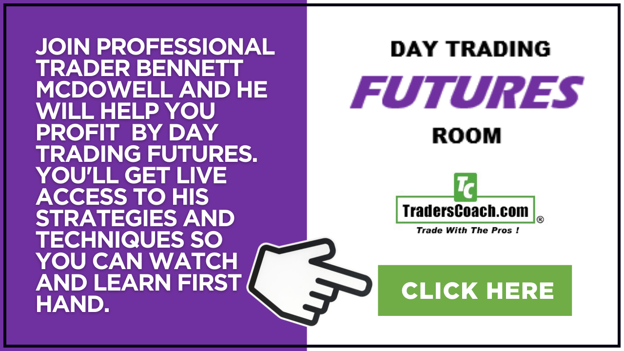 Purple and white promo for day trading futures room with “Click Here” button and pointing hand icon