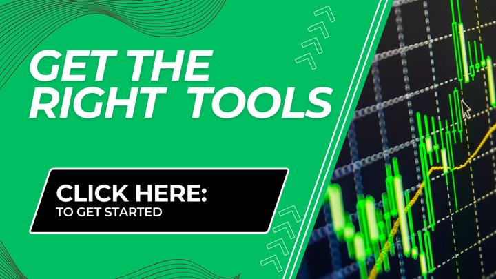Green financial ad with “Get the right tools” and a “Click here” button over stock chart graphics