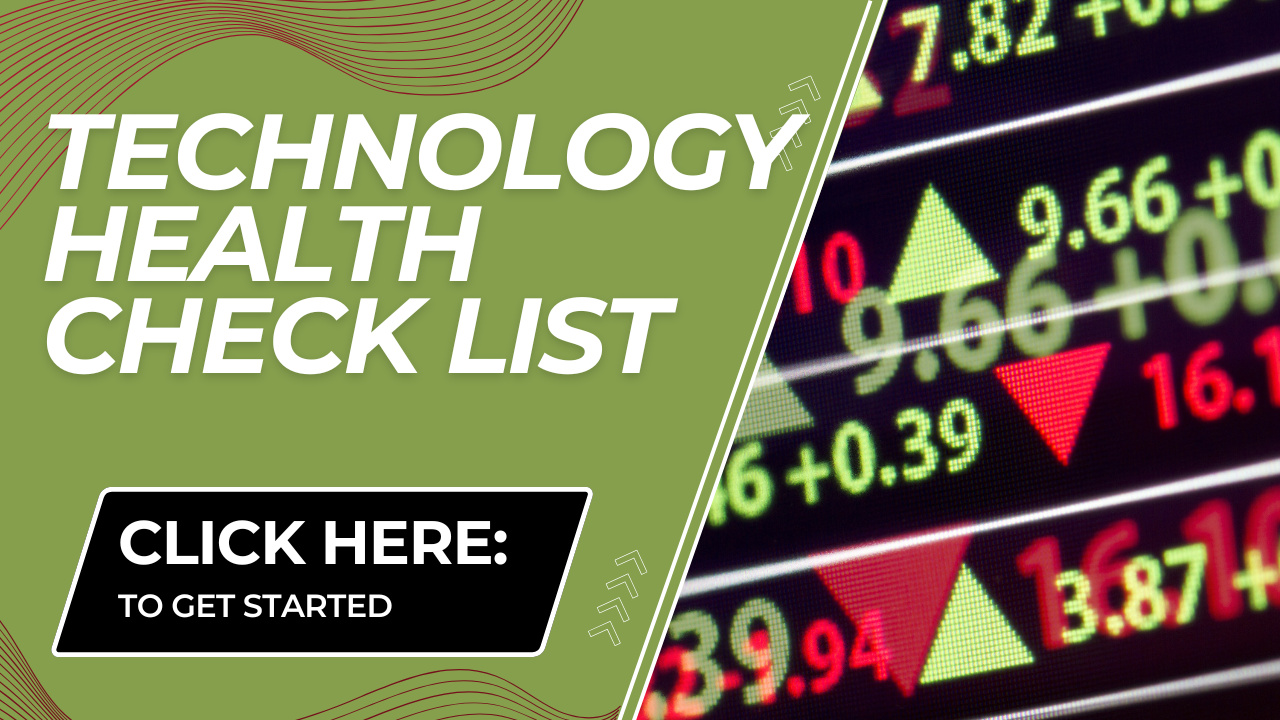 Technology health checklist banner with stock market numbers and a “Click here” button