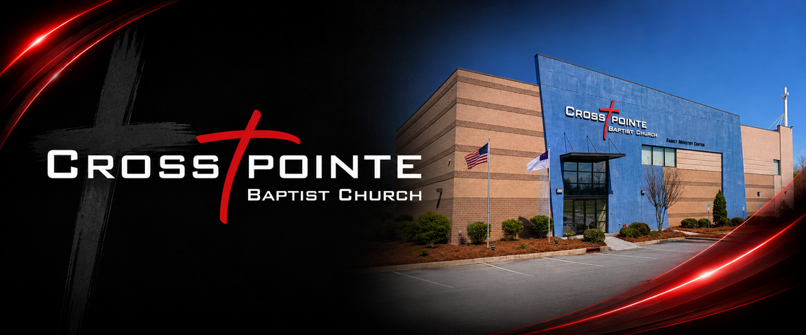 Cross Pointe Market Church logo with red swoosh over a church building exterior