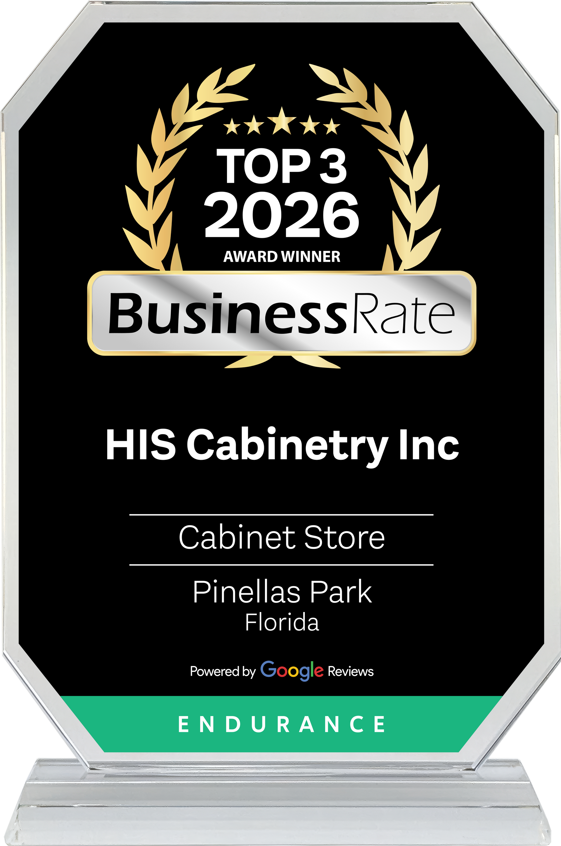 Black-and-gold BusinessRate Top 3 2026 award plaque for HIS Cabinetry Inc, Cabinet Store, Pinellas Park