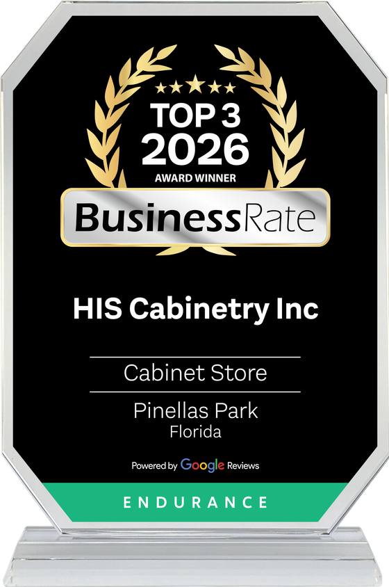Black-and-gold BusinessRate Top 3 2026 award plaque for HIS Cabinetry Inc, Cabinet Store, Pinellas Park
