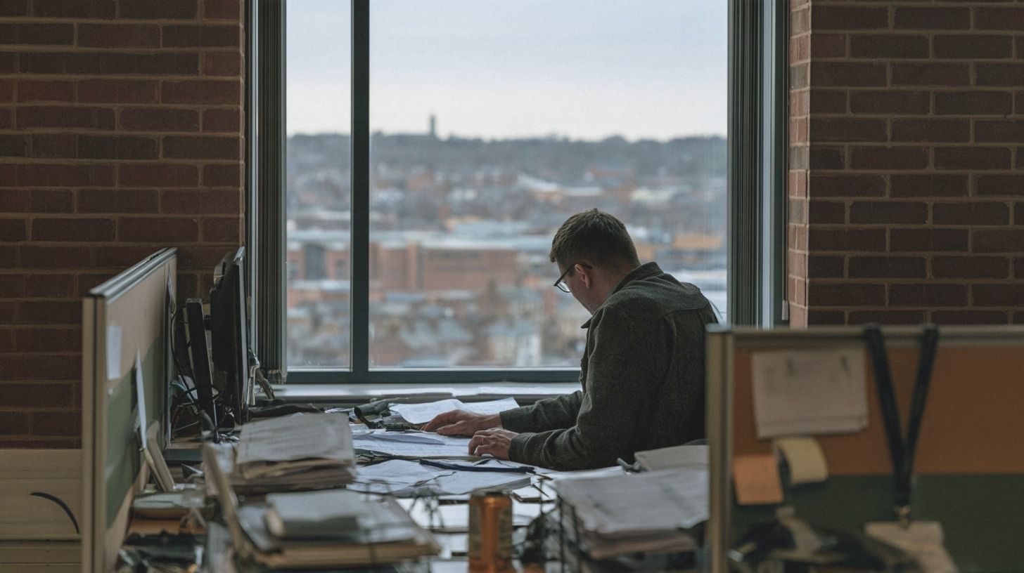 Quantity surveyor reading through documents at a desk in a brick-walled office