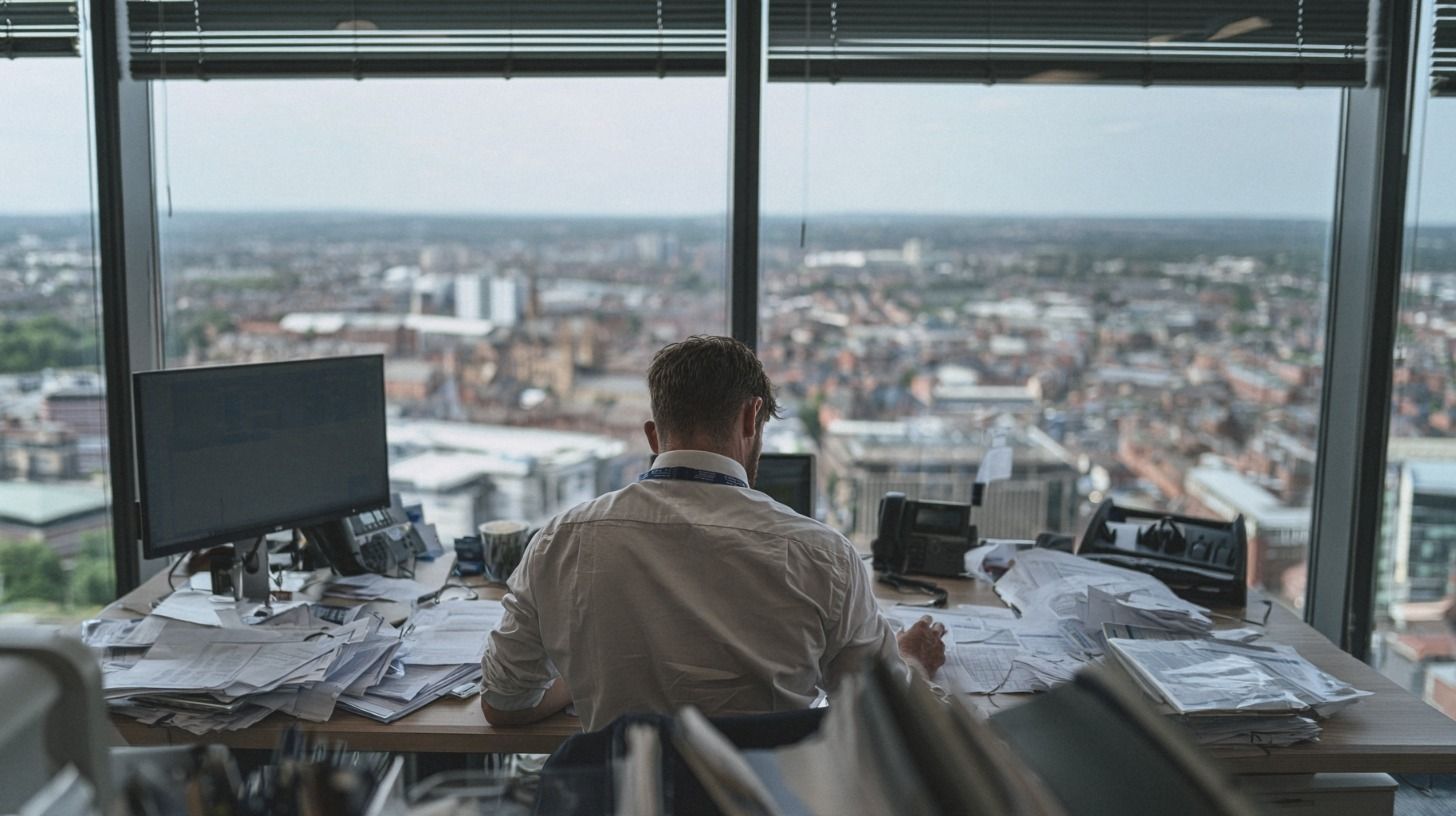 Quantity surveyor at a desk of drawings and papers in a high-rise office overlooking the city