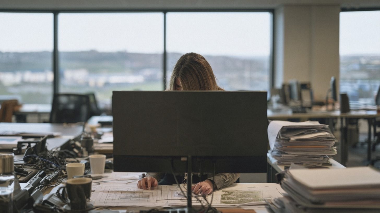 Quantity surveyor working through drawings behind a monitor in an open-plan office