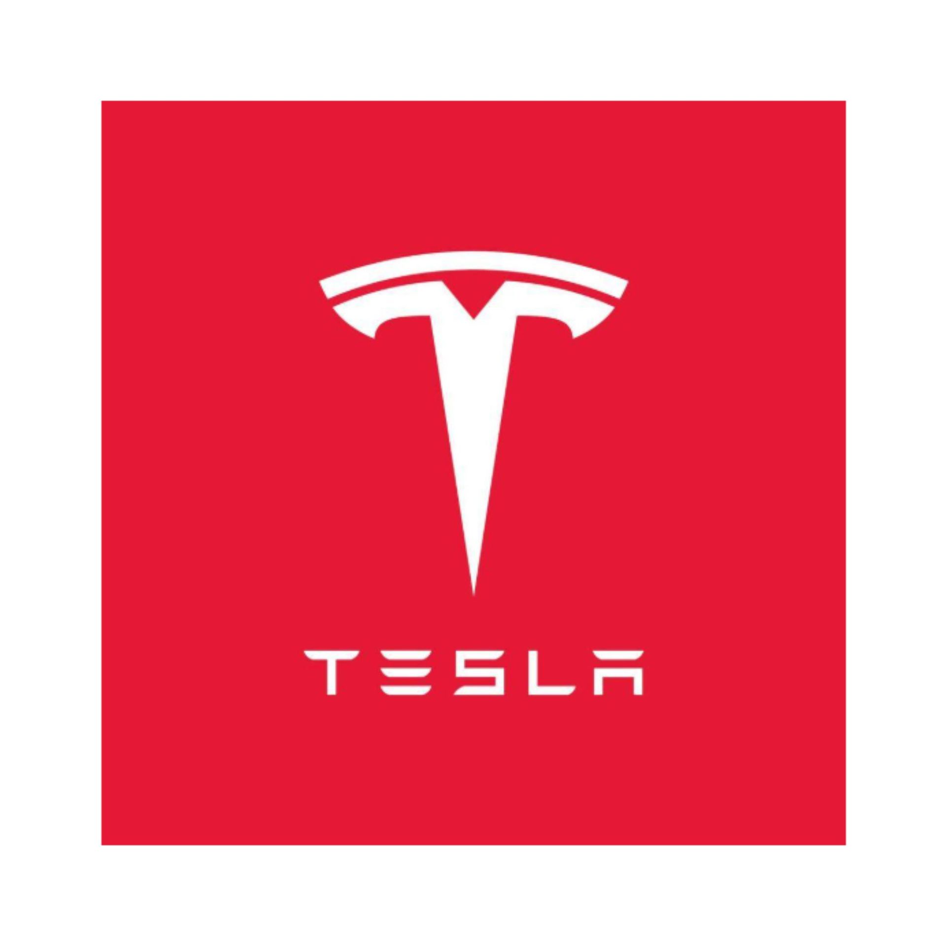 White Tesla logo on a red background, with