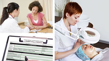A woman is talking to a doctor and a woman is getting a facial treatment.