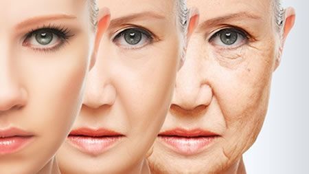 A woman 's face is shown in three different stages of aging.