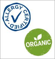A blue stamp that says allergy certified and a green stamp that says organic.