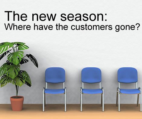 Four blue chairs are lined up in front of a wall that says the new season where have the customers gone