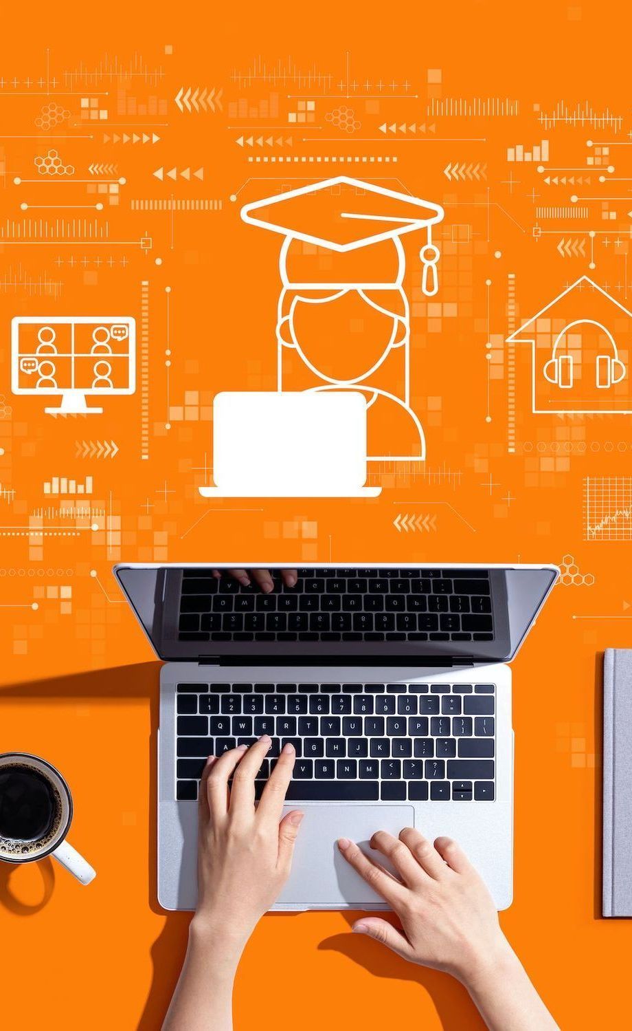 A person is typing on a laptop computer on an orange background.
