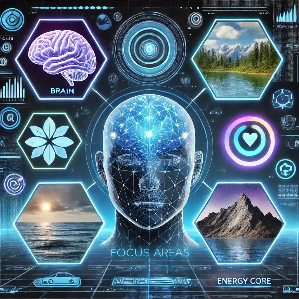 Futuristic human head with glowing sections representing different focus areas, symbolizing personalized mental programming for success, confidence, and relaxation.