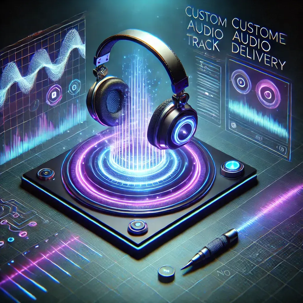 Futuristic hovering headphones emitting glowing sound waves, symbolizing the personalization of AI-generated affirmation, meditation, and visualization tracks.