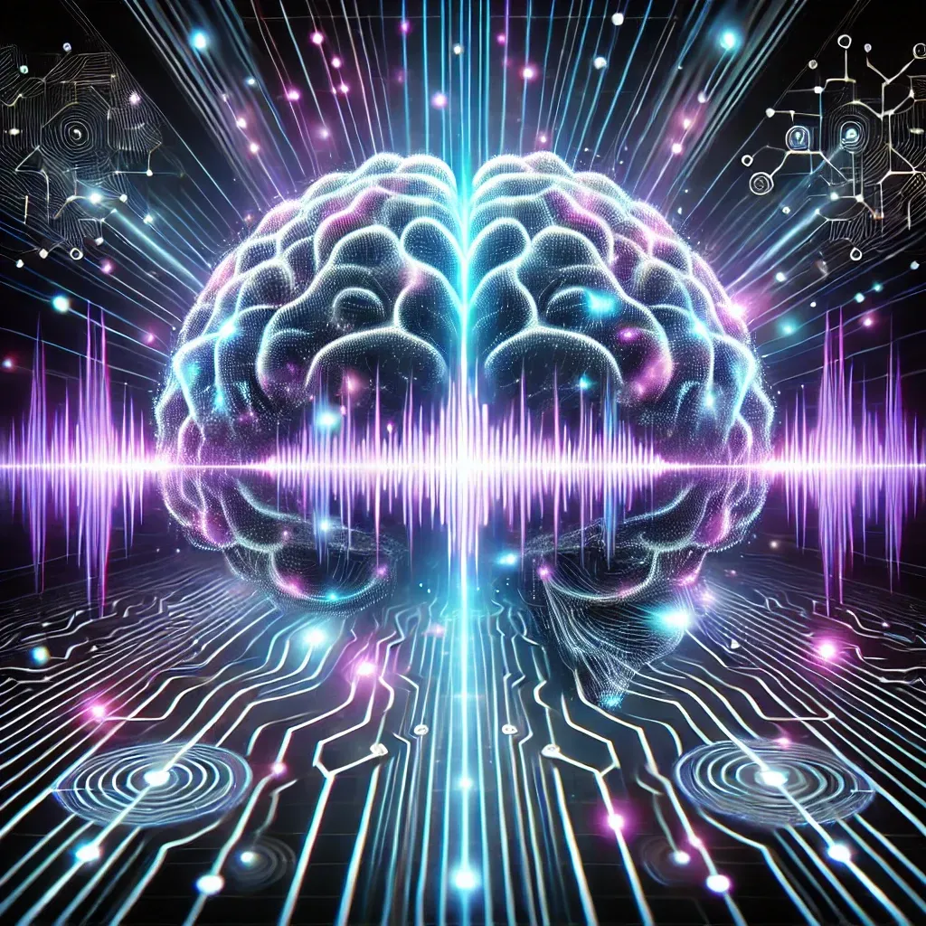 Futuristic brain with a glowing waveform running across it, symbolizing the power of binaural beats in enhancing focus, relaxation, and subconscious reprogramming.
