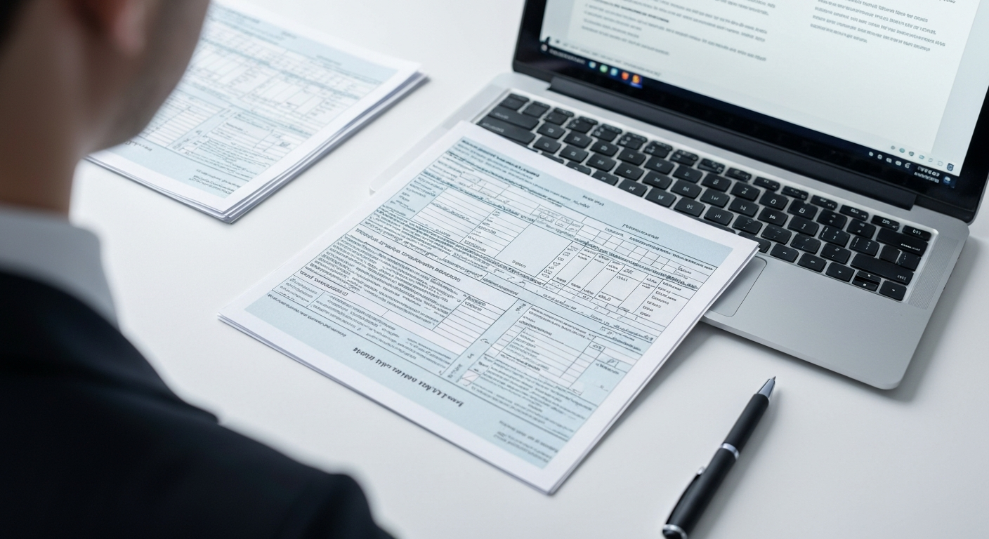 Person reviewing printed documents beside an open laptop on a white desk.