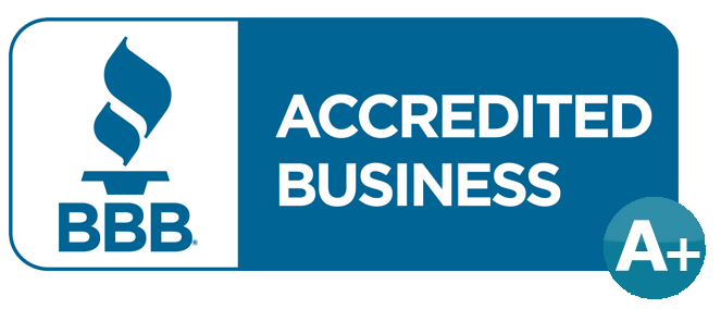 BBB Accredited Business logo with a flame icon and A+ rating.